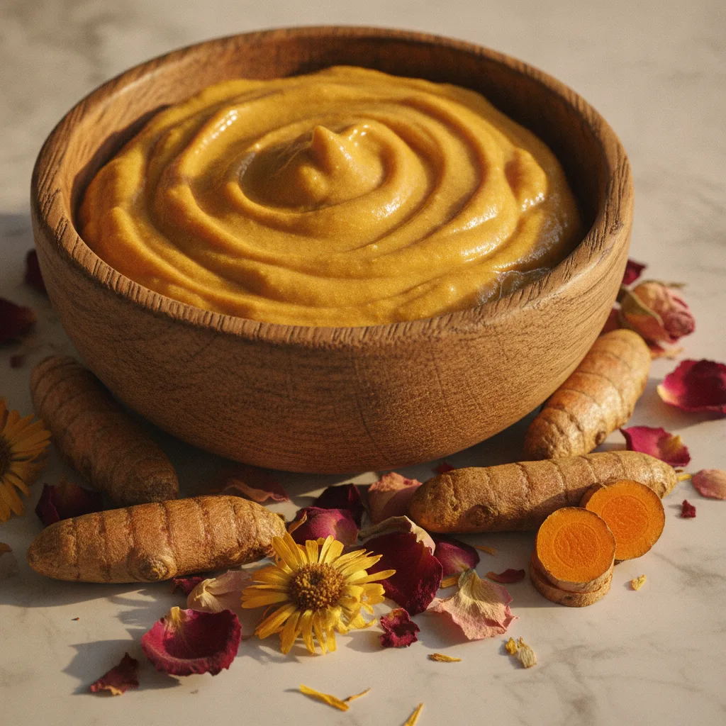 Golden turmeric honey face mask in a wooden bowl