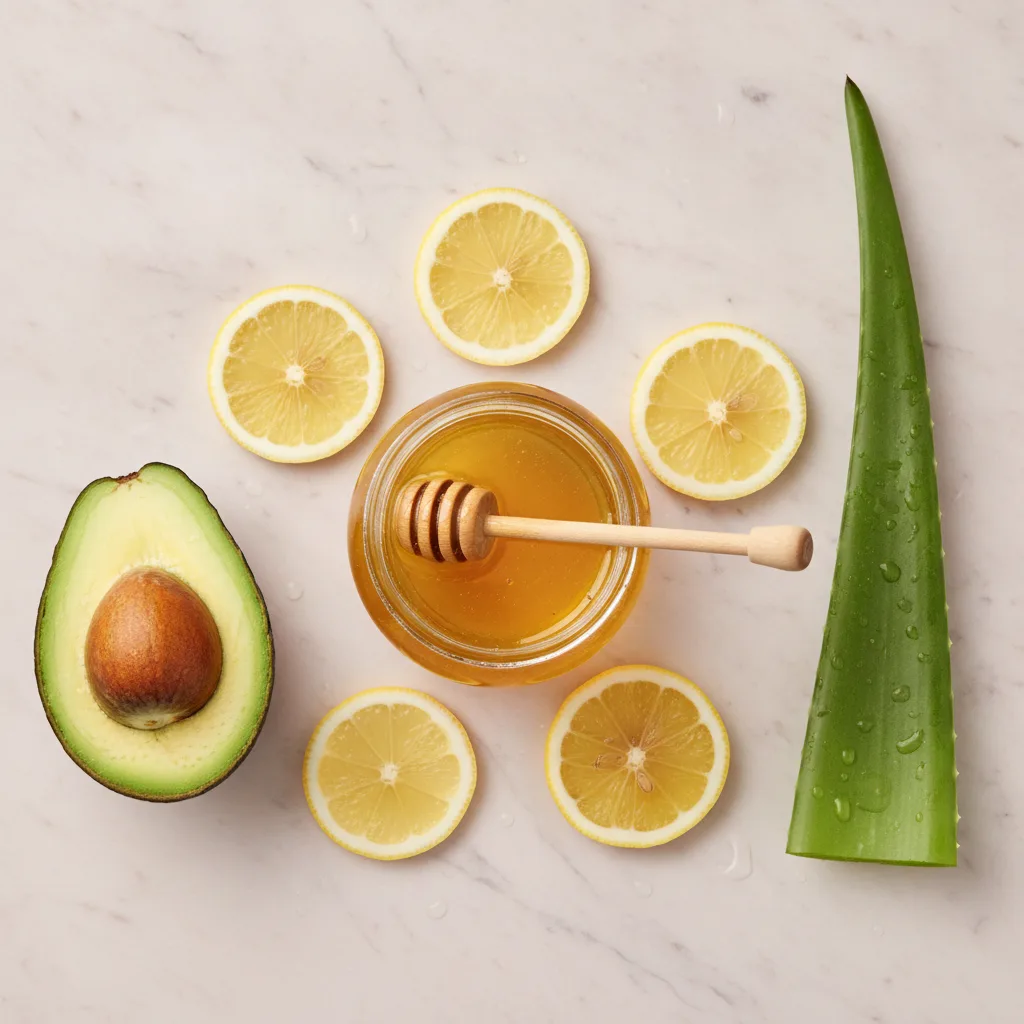 Fresh ingredients: lemon slices, honey jar, aloe plant on marble