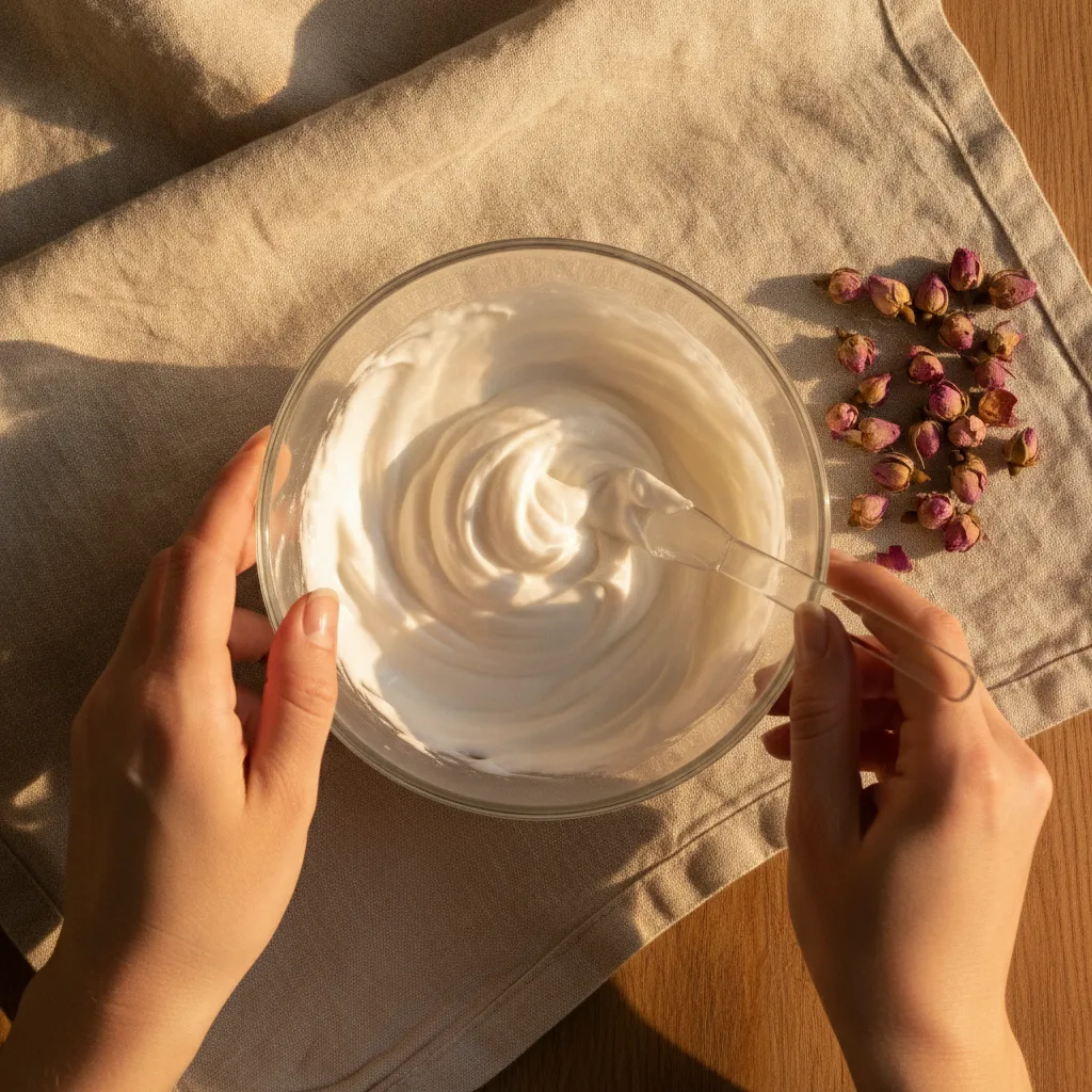 Hands mixing a creamy DIY serum in a small glass bowl
