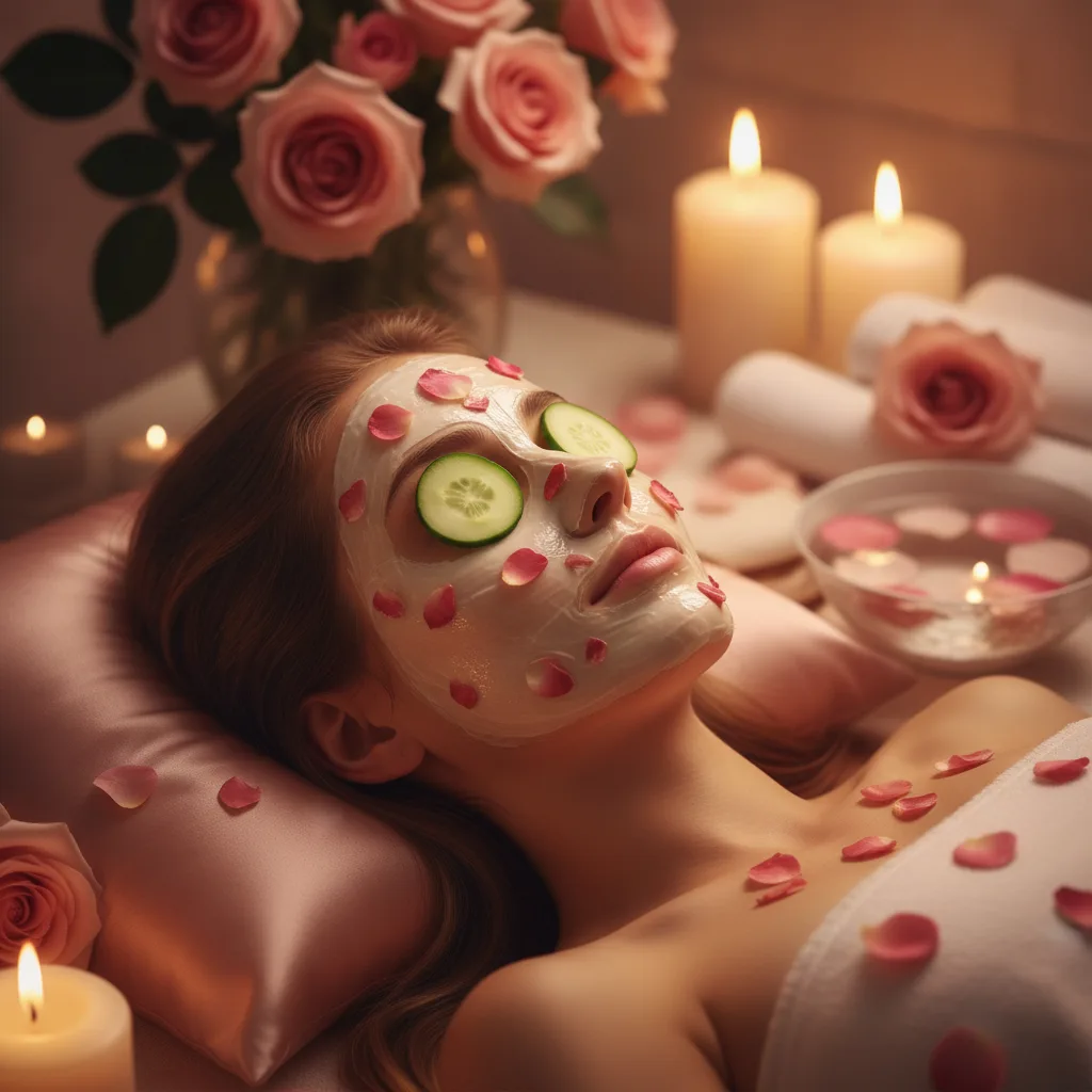 Woman applying a rose petal mask, soft natural light