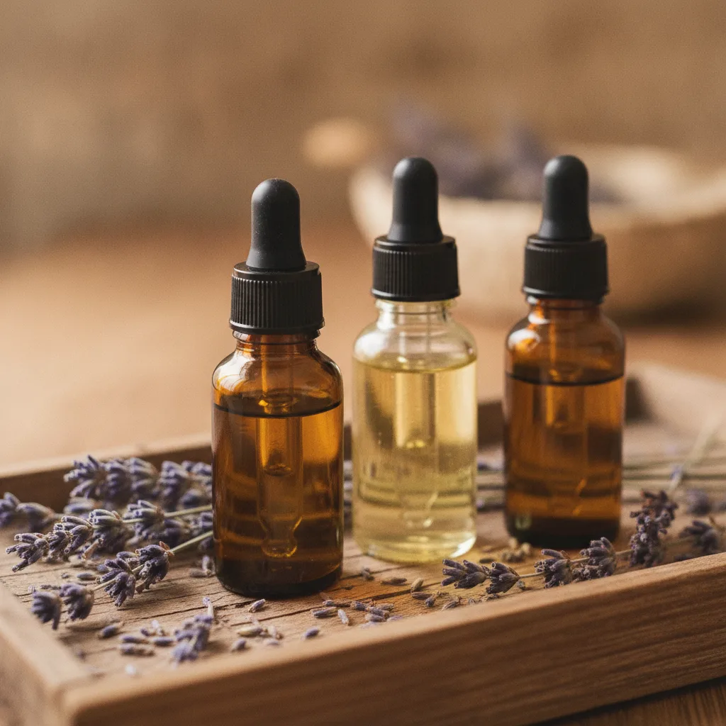 Small amber bottles of homemade serums on a wooden tray