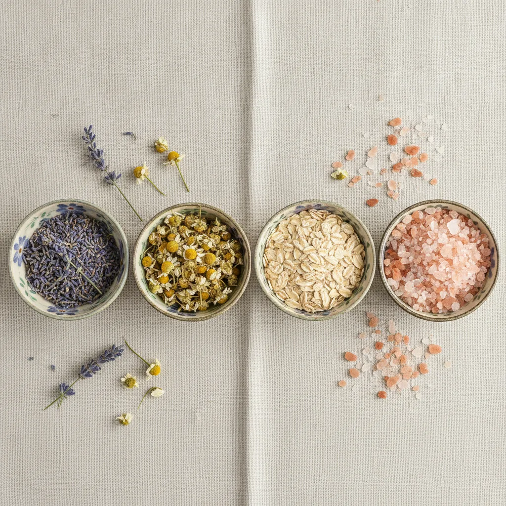 Lavender, chamomile flowers, and oats in tiny ceramic bowls