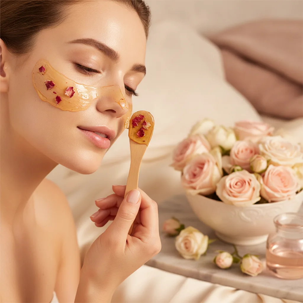 Woman applying a honey and rose face mask