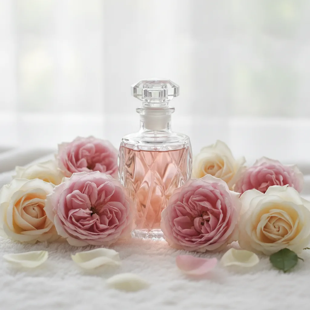 Rose water in a crystal glass bottle surrounded by pink roses
