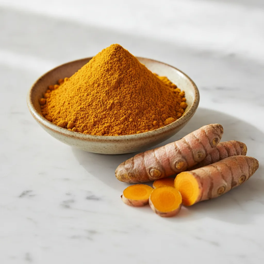 Vibrant turmeric powder and fresh turmeric root